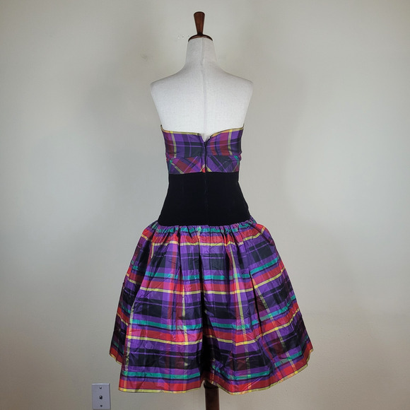 VTG Victor Costa Dress Womens 2 XS Velvet Plaid Strapless Bow Party Colorful 80s - Picture 5 of 13